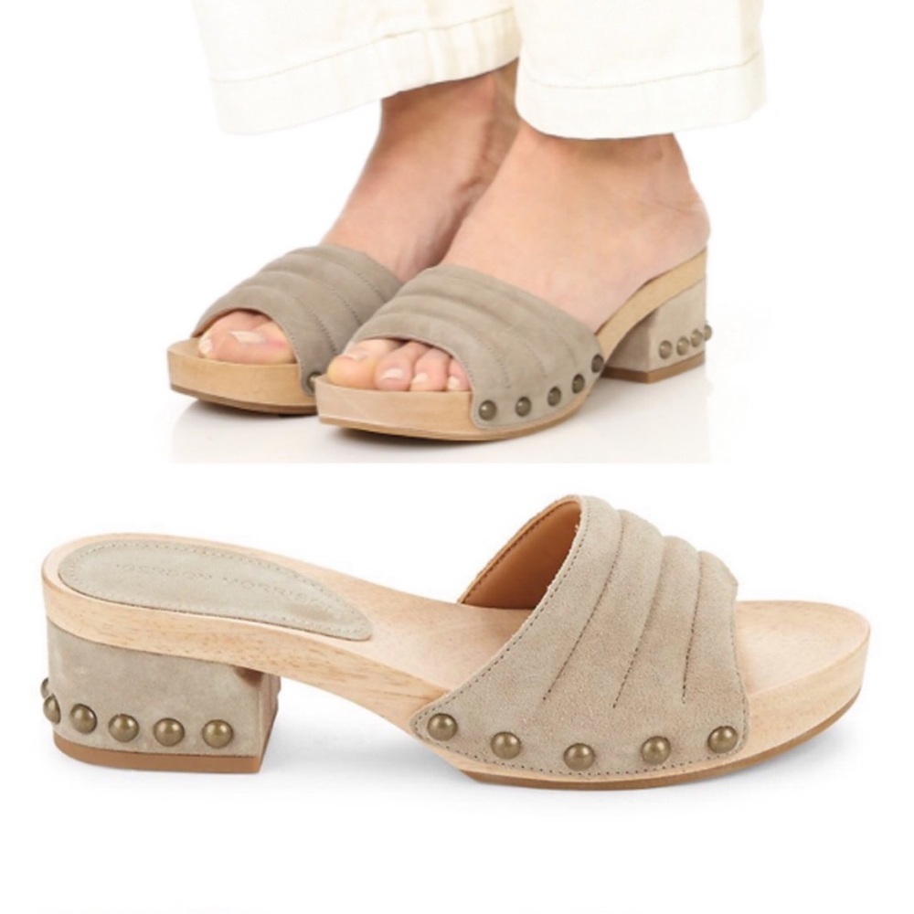 Sigerson Morrison Abel Suede Leather Studded Wooden Clogs Heels